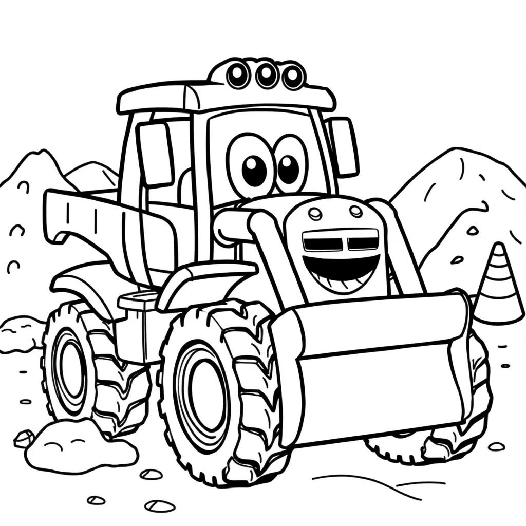 A black and white illustration of a cartoon bulldozer truck, designed for a coloring book