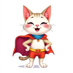 A happy Palla's cat cartoon character designed in Pixar style, depicted as a superhero in a full-body pose