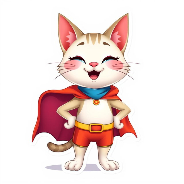 A happy Palla's cat cartoon character designed in Pixar style, depicted as a superhero in a full-body pose