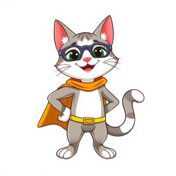 A happy Palla's cat cartoon character designed in Pixar style, depicted as a superhero in a full-body pose
