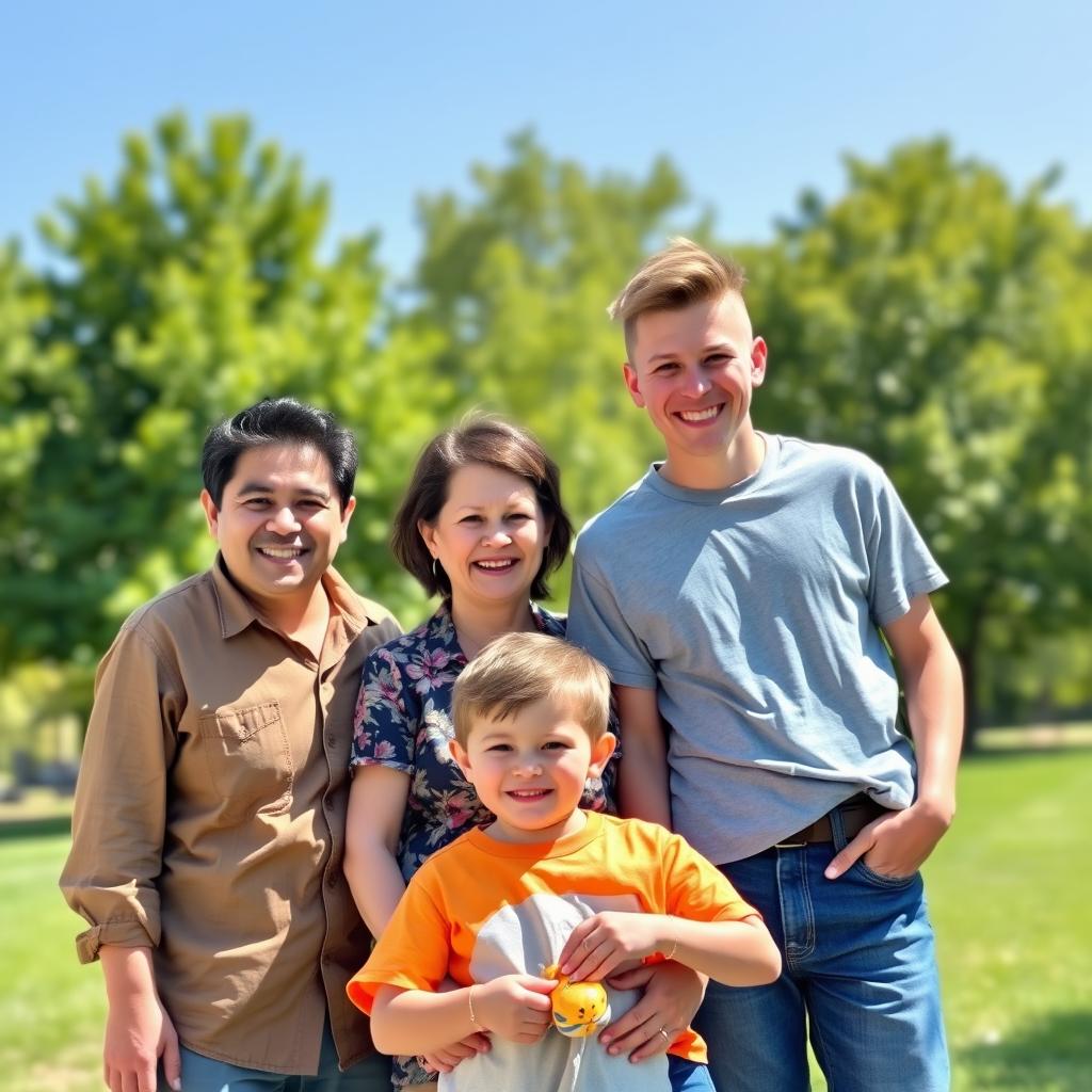 A cheerful family portrait featuring four members