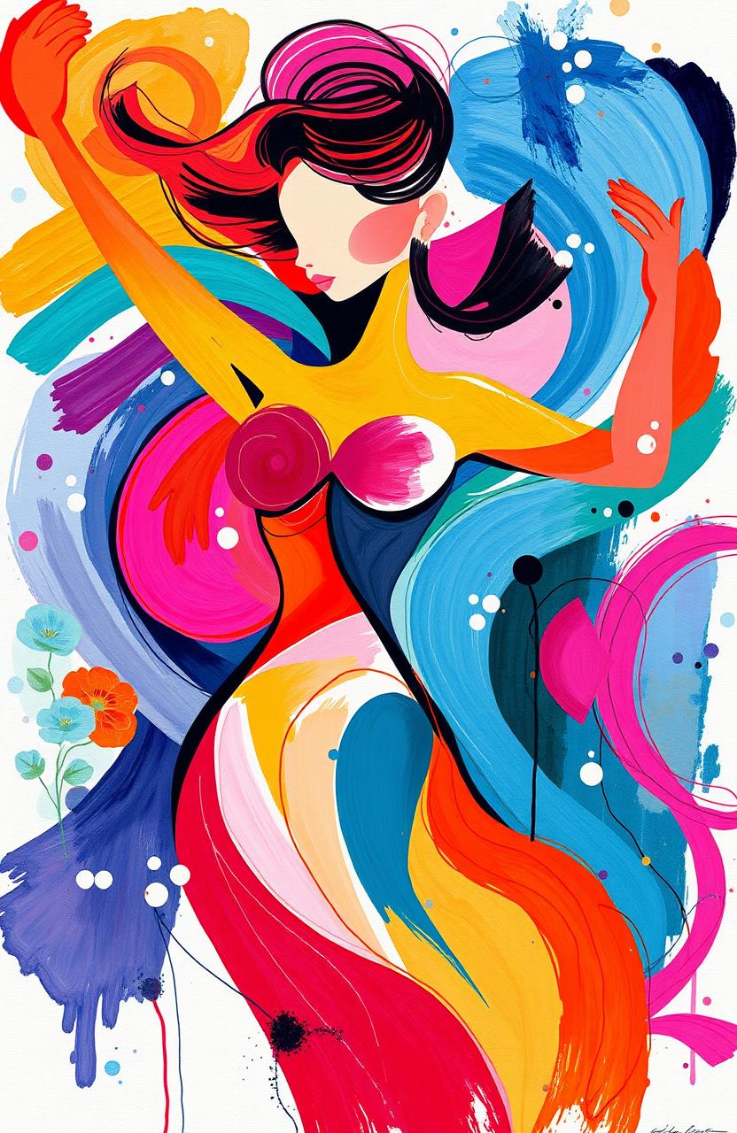 An abstract representation of femininity in modern art, featuring vibrant colors and bold shapes that symbolize strength and grace