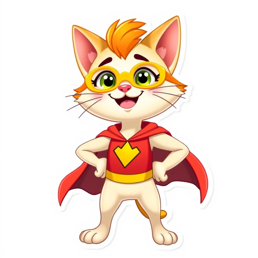 A happy Palla's cat cartoon character designed in Pixar style, depicted in full-body as a superhero