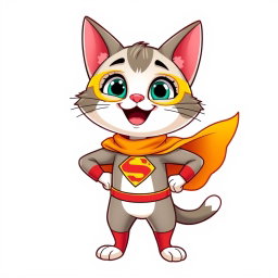 A happy Palla's cat cartoon character designed in Pixar style, depicted in full-body as a superhero