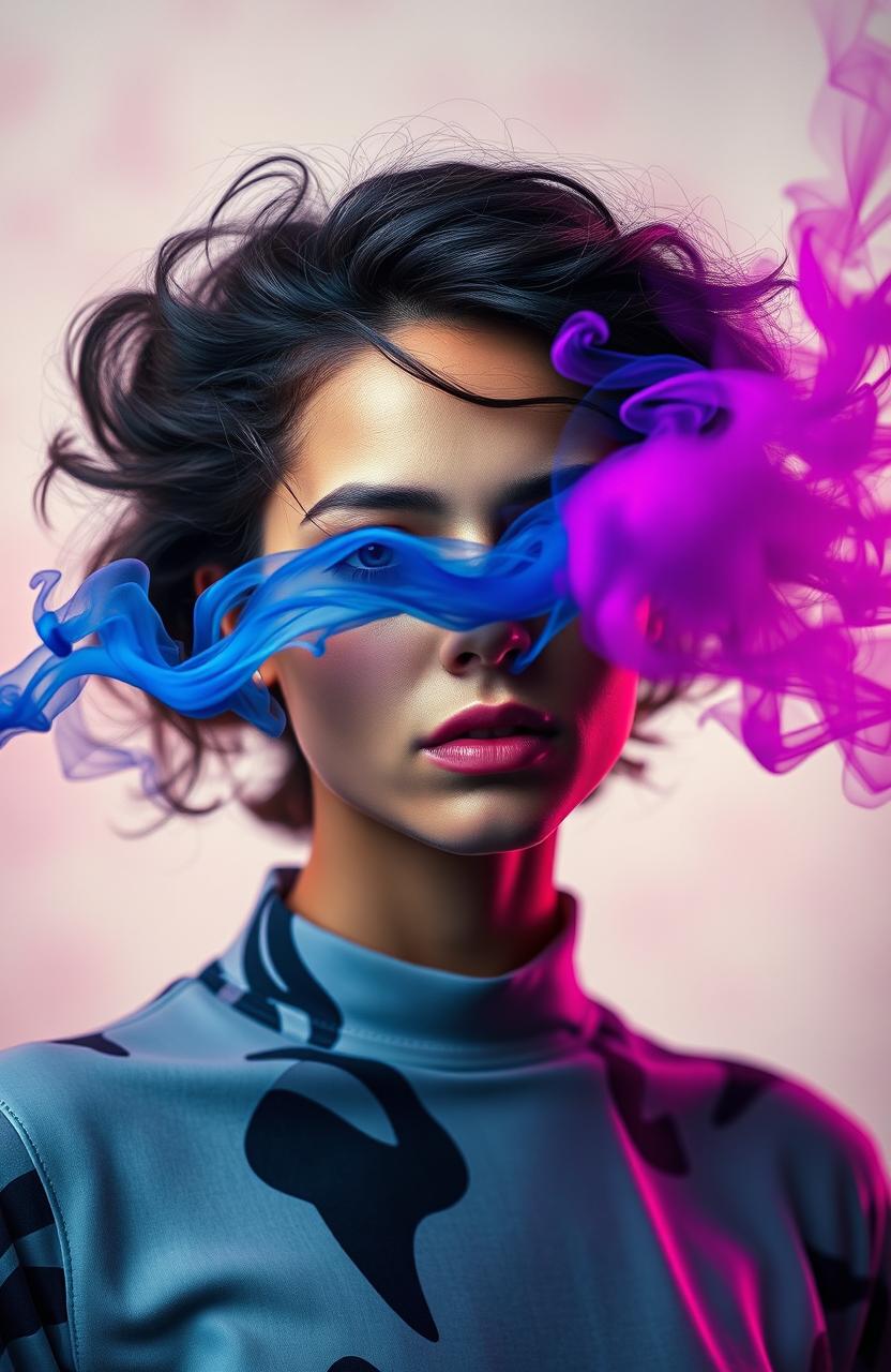 A striking portrait of a female figure embodying modern art, with her hair transforming into colorful smoke fumes swirling around her
