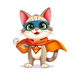 A happy, cute Palla's cat cartoon character in full-body, designed as a superhero in a charming Pixar style