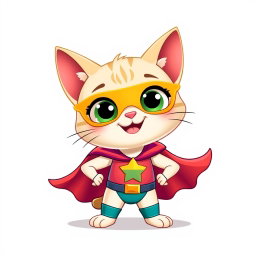 A happy, cute Palla's cat cartoon character in full-body, designed as a superhero in a charming Pixar style