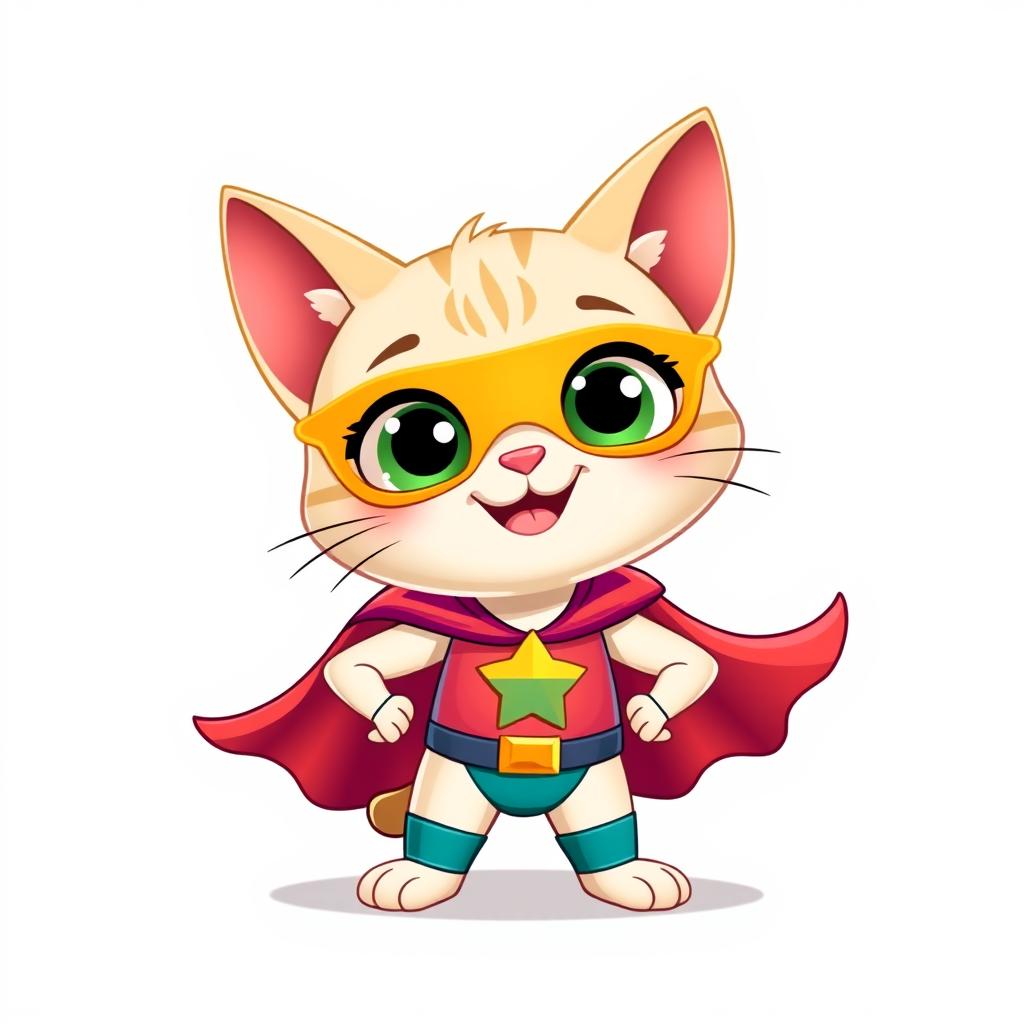 A happy, cute Palla's cat cartoon character in full-body, designed as a superhero in a charming Pixar style