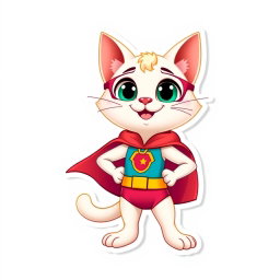 A happy, cute Palla's cat cartoon character in full-body, designed as a superhero in a charming Pixar style