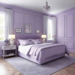 Design the previous 19 x 12 ft bedroom in a soothing shade of lavender. The beddings, walls, and additional furniture pieces should all harmonize with this relaxing tone.