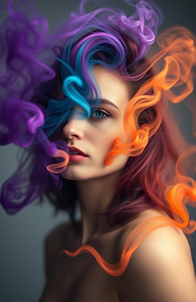 A surreal portrait of a woman whose hair transforms into colorful smoke fumes, cascading and swirling like modern art