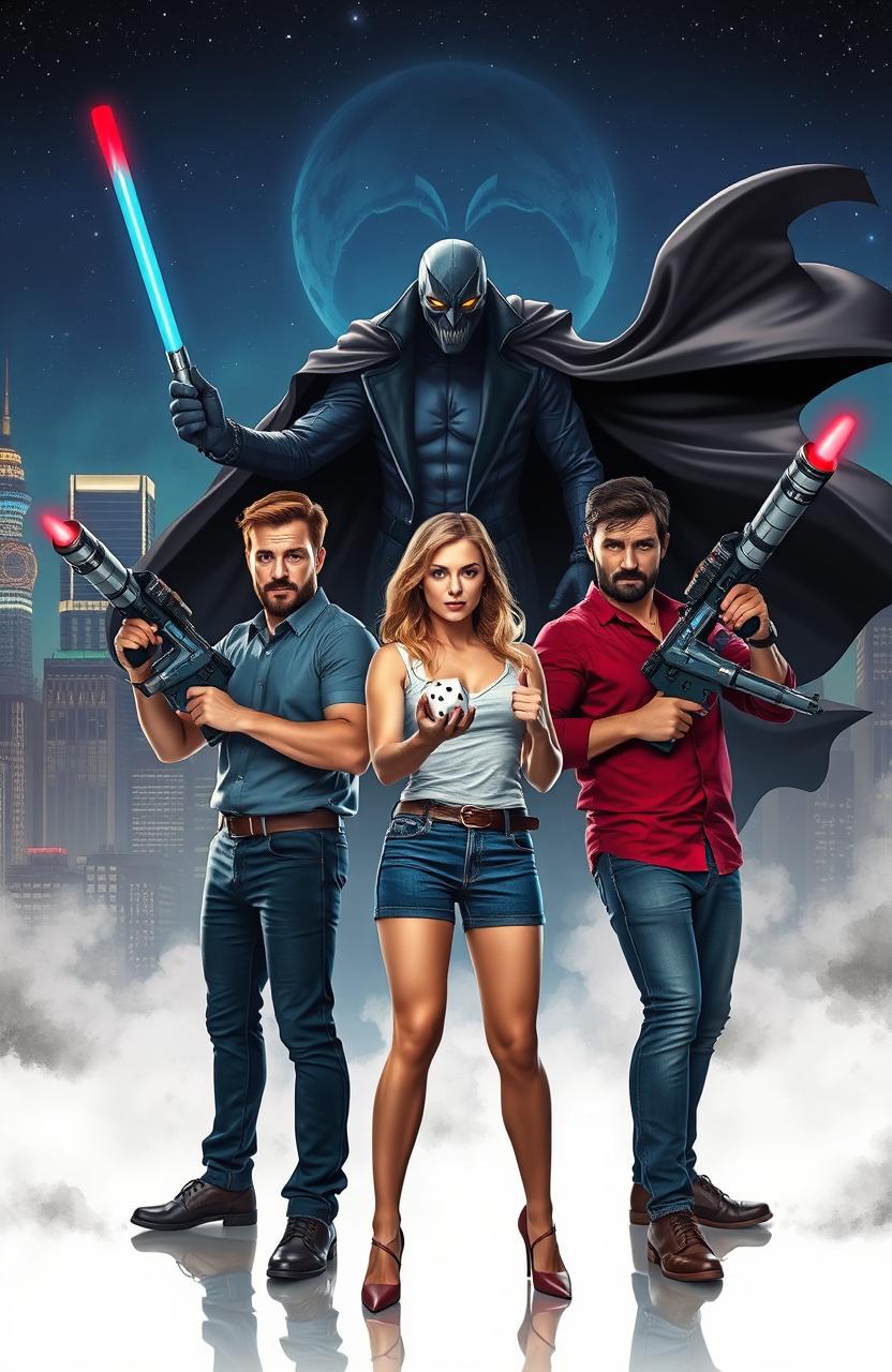 Three men standing heroically, holding futuristic laser guns, while a woman beside them confidently grips a magical dice