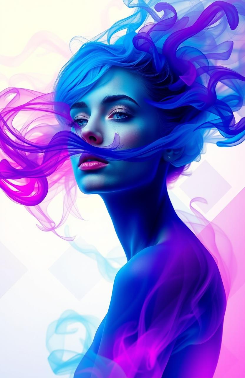 A surreal representation of a woman with flowing hair made entirely of colorful smoke and fumes, blending into a modern art style
