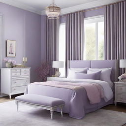 Design the previous 19 x 12 ft bedroom in a soothing shade of lavender. The beddings, walls, and additional furniture pieces should all harmonize with this relaxing tone.