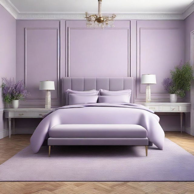 Design the previous 19 x 12 ft bedroom in a soothing shade of lavender. The beddings, walls, and additional furniture pieces should all harmonize with this relaxing tone.