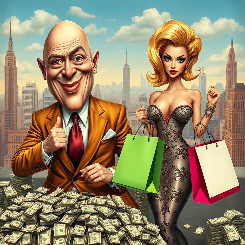 A surreal and satirical depiction of a corrupt man with a bald head resembling an egg, dressed in a flashy suit