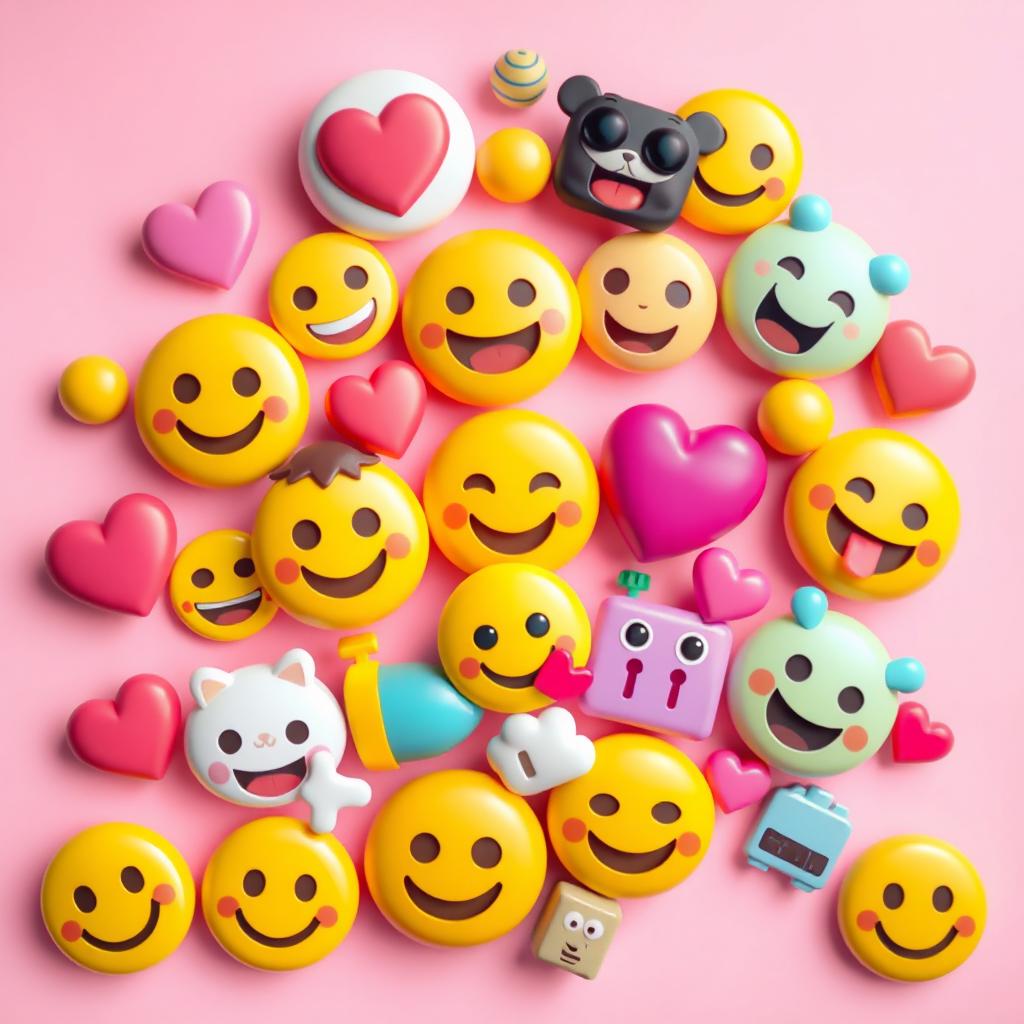 A vibrant and appealing digital artwork featuring various iPhone-style emojis, including smiley faces, hearts, animals, and objects, all beautifully arranged