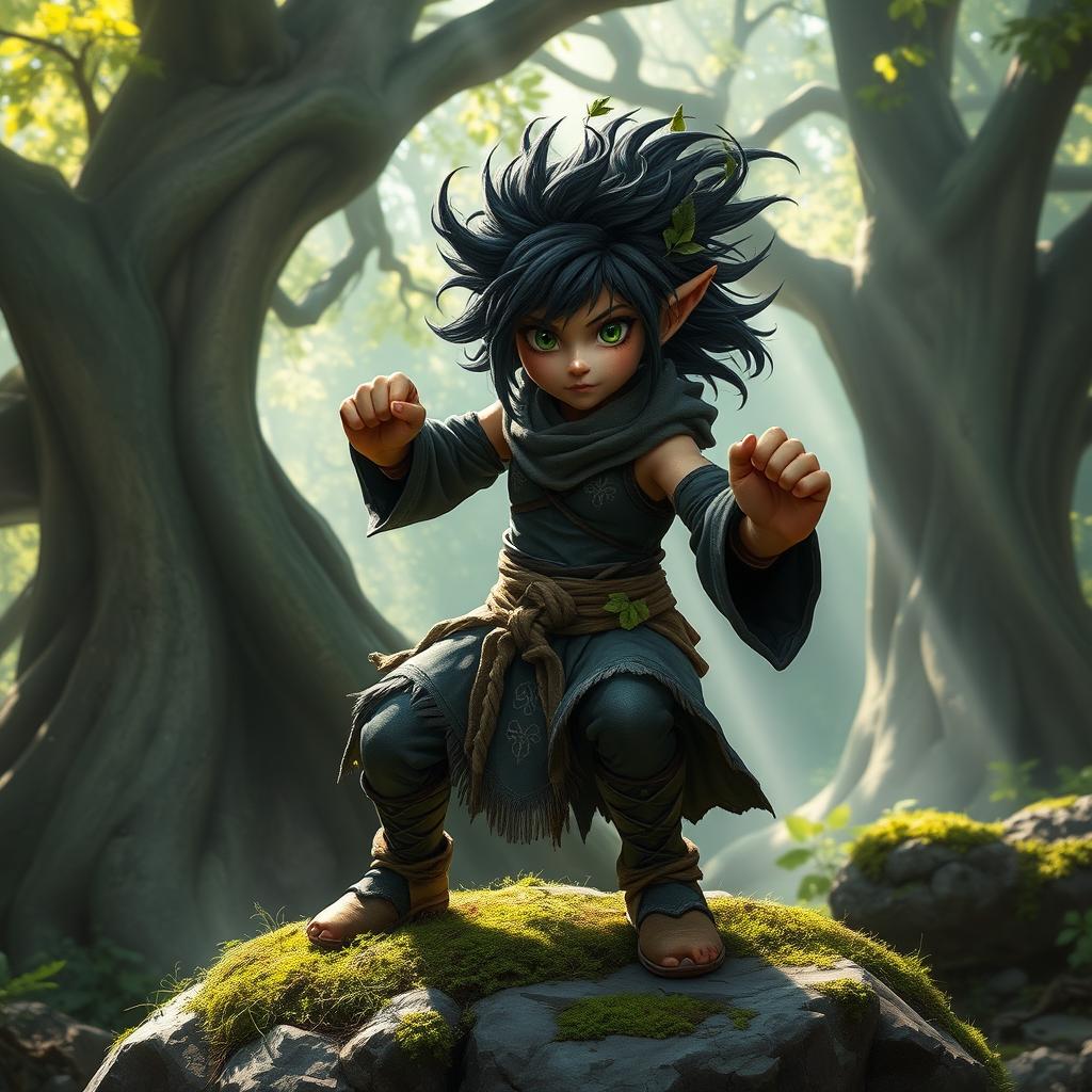 A fierce forest gnome shadow monk poised for action in a mystical woodland setting