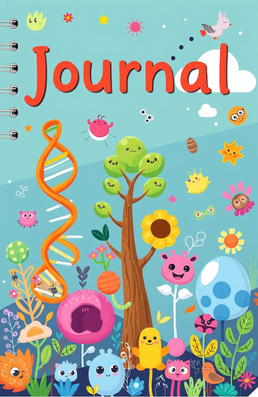 A whimsical and playful journal cover design with a biology theme, featuring cartoon-style illustrations of various biological elements