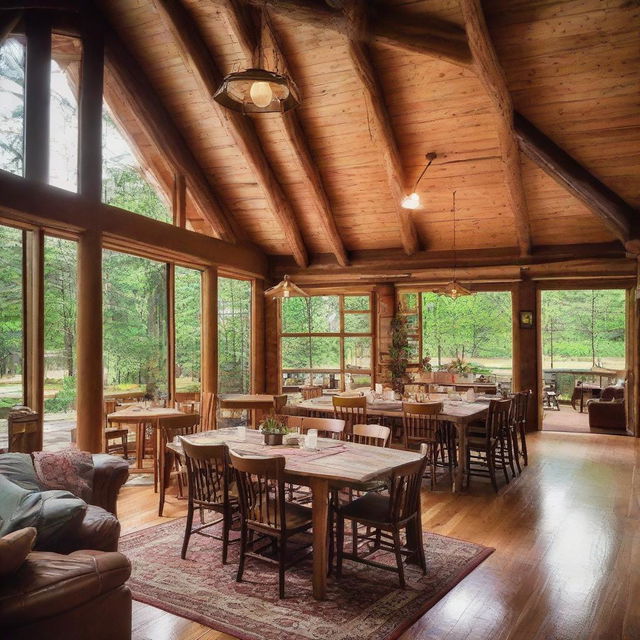 A rustic retreat camp administration building that comfortably encapsulates 2 office spaces, 3 comfortable bedrooms, a well-equipped kitchen. Attached is a grand dining area designed for 80 persons, and a cozy gathering area with a captivating fireplace.