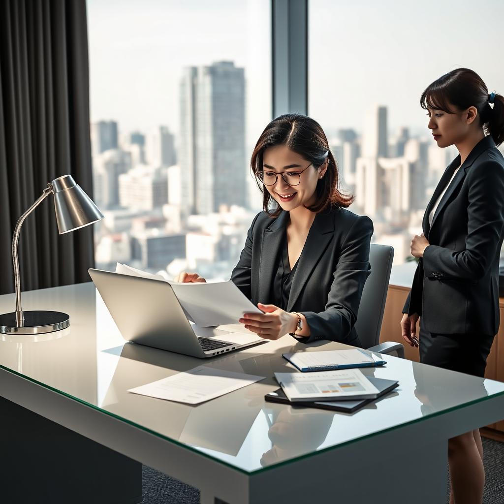 A stylish office scene featuring Hye-jin, a confident woman sitting at a modern desk, smirking as she flips through a manuscript