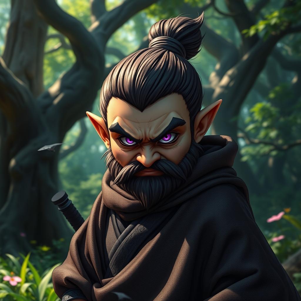 A fierce forest gnome shadow monk, depicted in a mystical forest setting