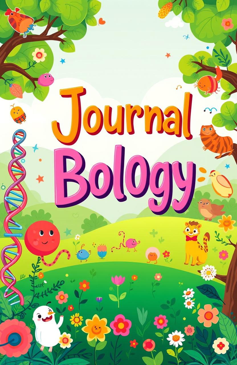 A vibrant and engaging cover design for a journal, themed around biology with a whimsical cartoon style