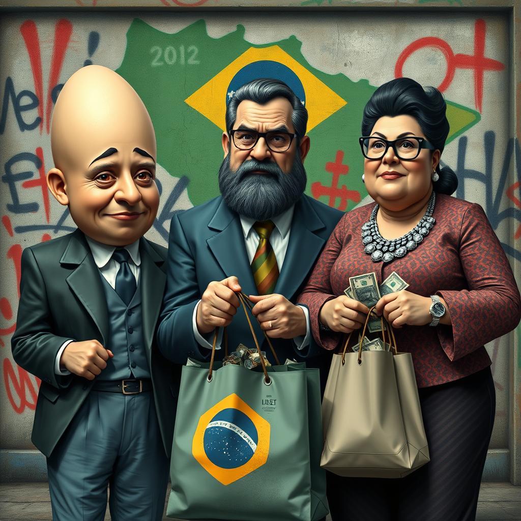 A satirical scene featuring three characters: a man with an egg-shaped head reminiscent of Alexandre de Moraes, another bearded man resembling a corrupt politician with a sly expression, symbolizing greed, and a heavyset woman with glasses, inspired by Janja, dressed in lavish clothing and holding a shopping bag overflowing with money