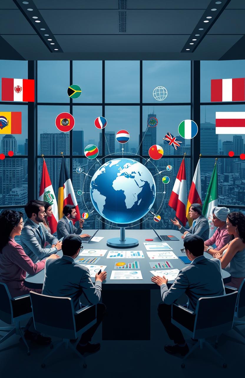 A conceptually rich and visually striking representation of international relations featuring various symbolic elements such as flags from different countries, a globe illustrating interconnected continents, and diverse people of varying ethnicities engaging in dialogue