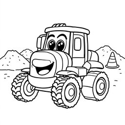 A black and white illustration of a cartoon bulldozer truck, designed for a coloring book