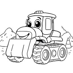 A black and white illustration of a cartoon bulldozer truck, designed for a coloring book
