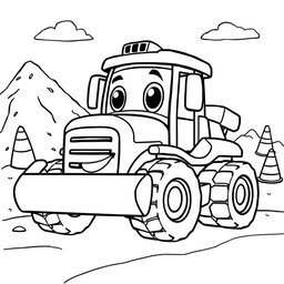 A black and white illustration of a cartoon bulldozer truck, designed for a coloring book