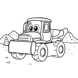 A black and white illustration of a cartoon bulldozer truck, designed for a coloring book