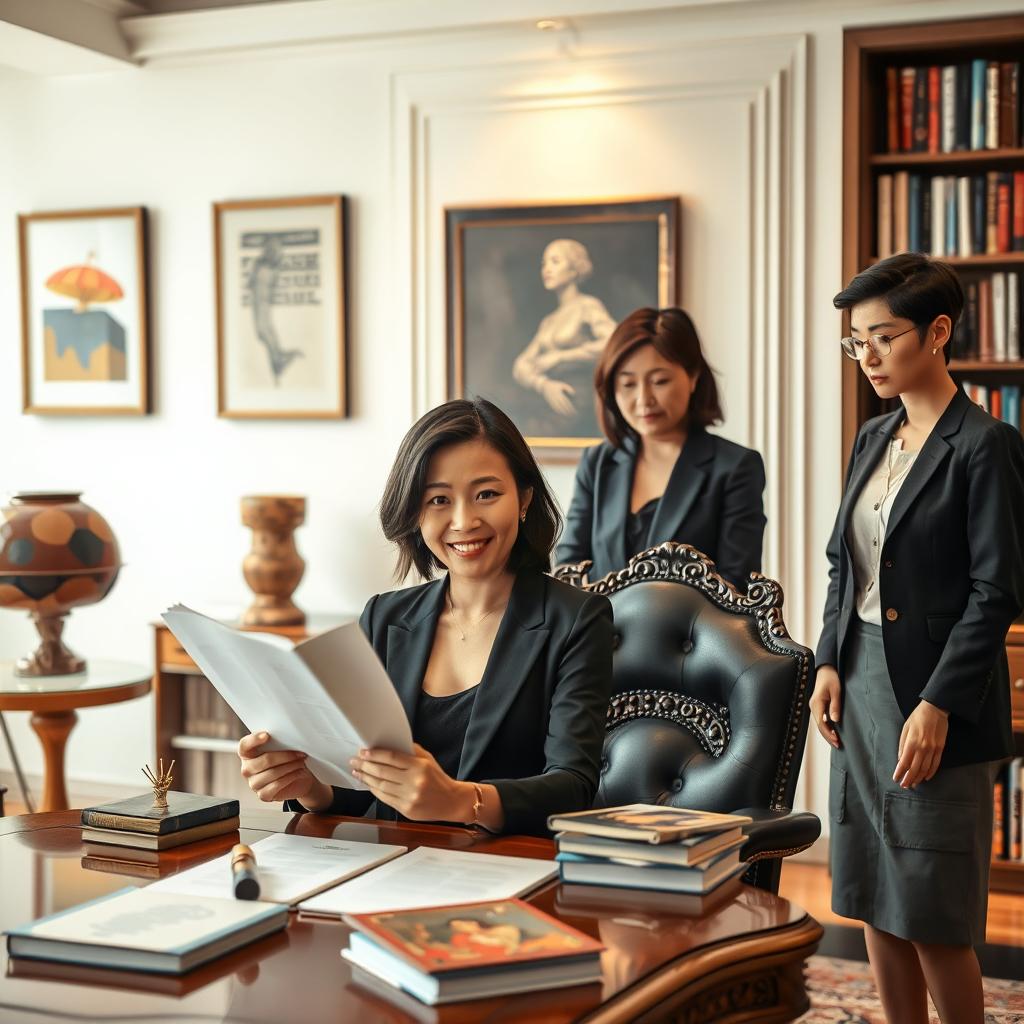 Interior of a modern office where Hye-jin, an elegant woman in her 30s, is seated at an ornate desk