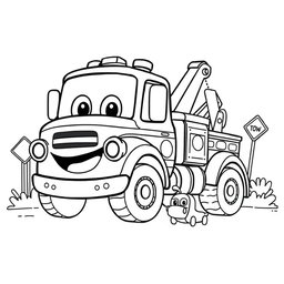 A black and white illustration of a cartoon wrecker truck, designed for a coloring book