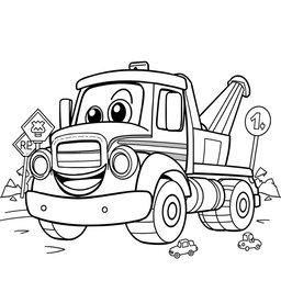 A black and white illustration of a cartoon wrecker truck, designed for a coloring book
