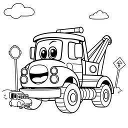A black and white illustration of a cartoon wrecker truck, designed for a coloring book