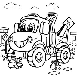 A black and white illustration of a cartoon wrecker truck, designed for a coloring book