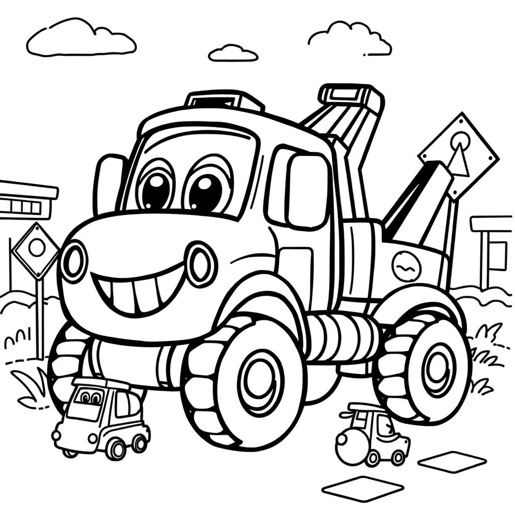 A black and white illustration of a cartoon wrecker truck, designed for a coloring book