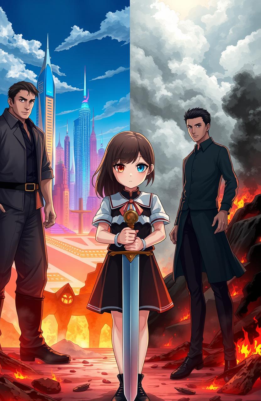 A girl standing confidently between two kingdoms, each representing stark contrasts