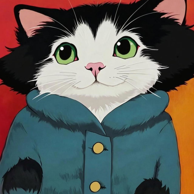 A vibrant mural featuring an oversized, cartoon-style cat with a leaner face, black and white fur, and long whiskers