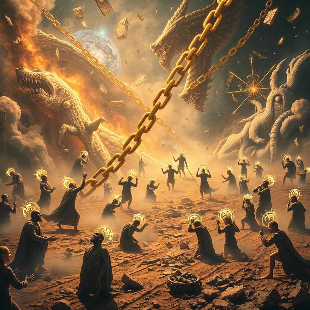 A vast, cosmic battlefield filled with divine beings, some resembling forgotten gods and others as celestial beasts, all drifting between chaos and stillness