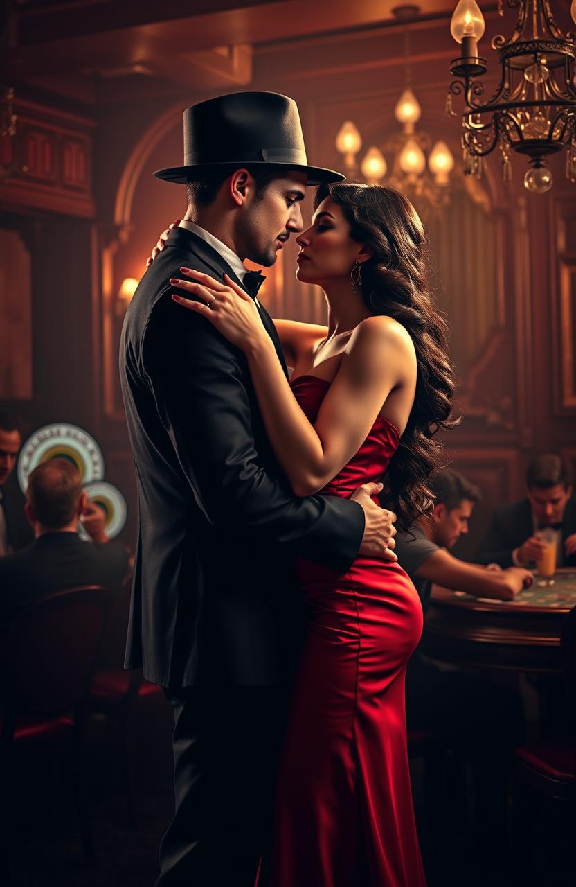 An intense and passionate romantic scene set in a glamorous 1920s mafia setting
