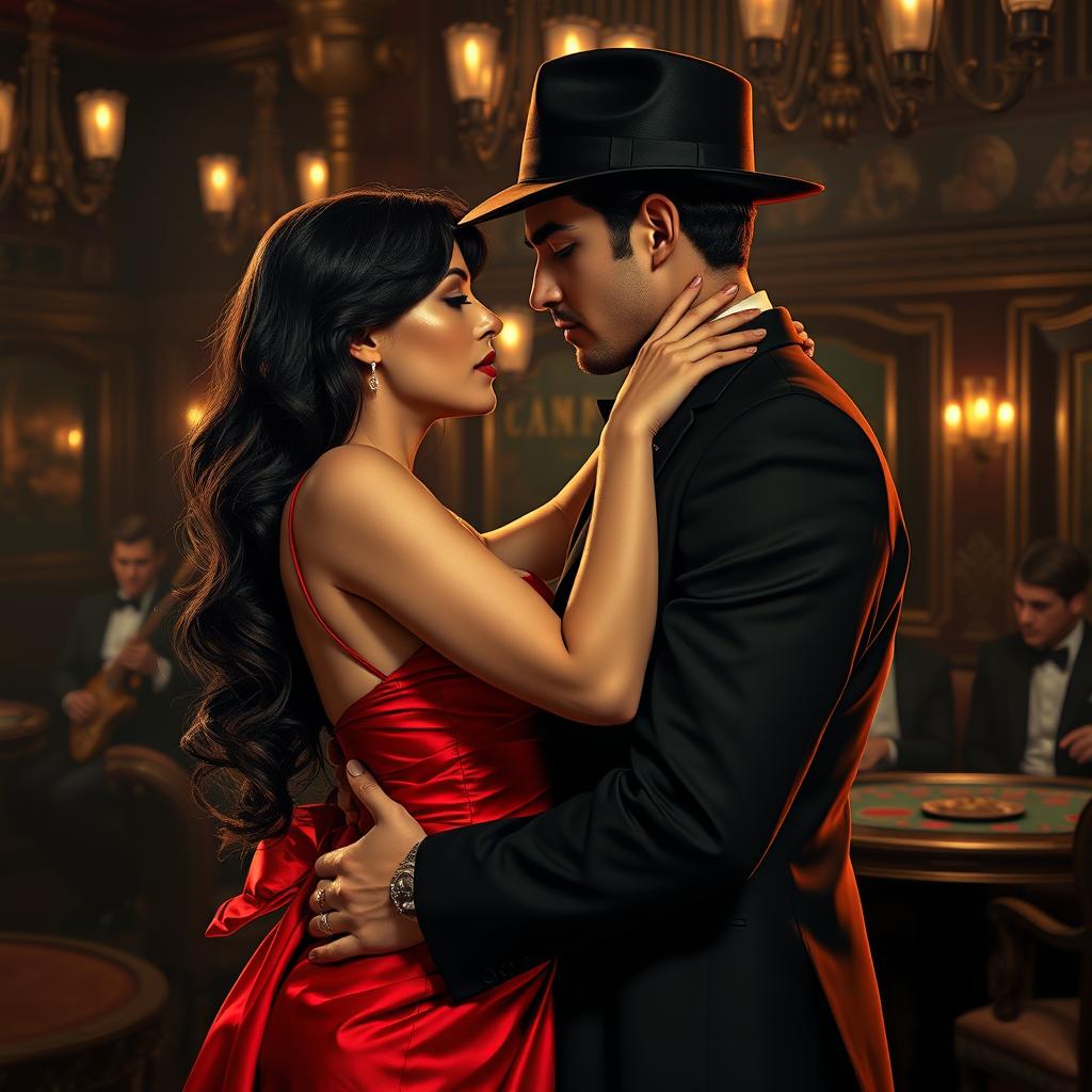 An intense and passionate romantic scene set in a glamorous 1920s mafia environment featuring two characters who are around 20 years old