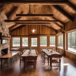 A rustic retreat camp administration building that comfortably encapsulates 2 office spaces, 3 comfortable bedrooms, a well-equipped kitchen. Attached is a grand dining area designed for 80 persons, and a cozy gathering area with a captivating fireplace.