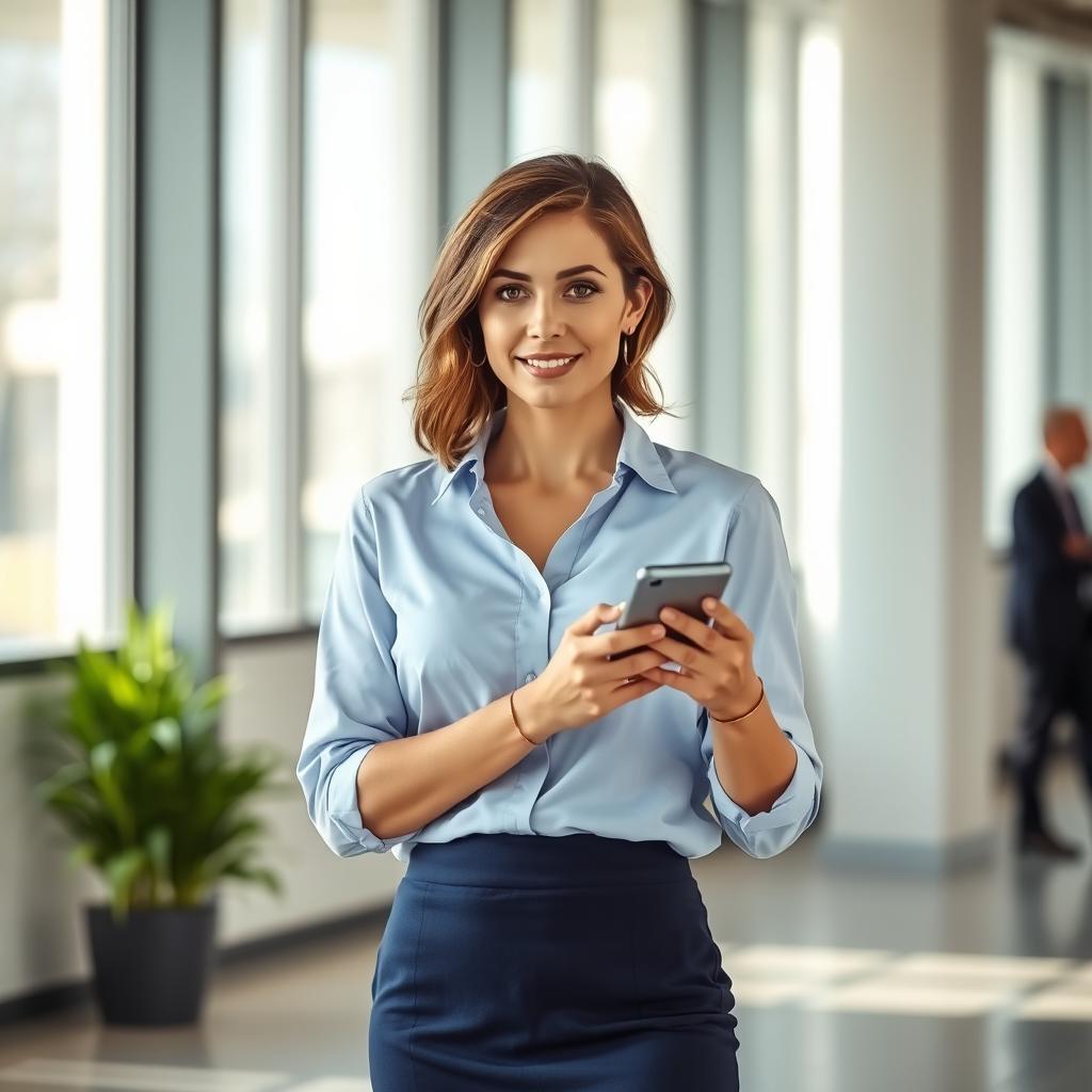 A confident woman in a light blue blouse tucked into a fitted navy pencil skirt