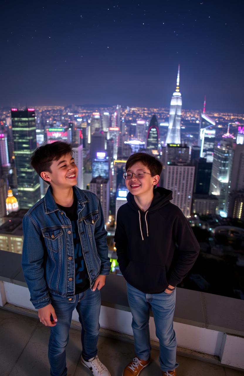 Two boys standing on a rooftop, overlooking a stunning city skyline illuminated by vibrant night lights