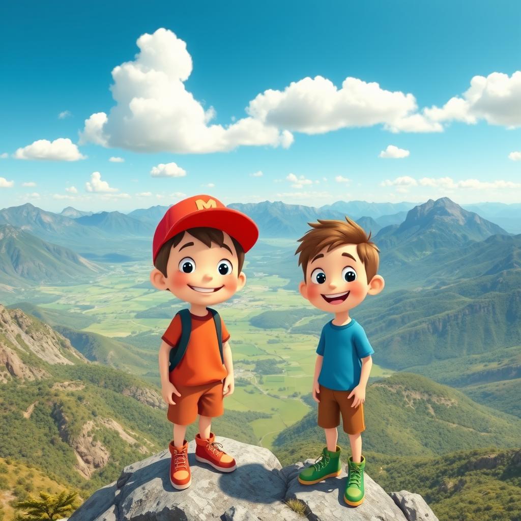 Two animated boys standing on a picturesque mountain peak, surrounded by breathtaking views of sprawling green valleys and rugged mountain ranges