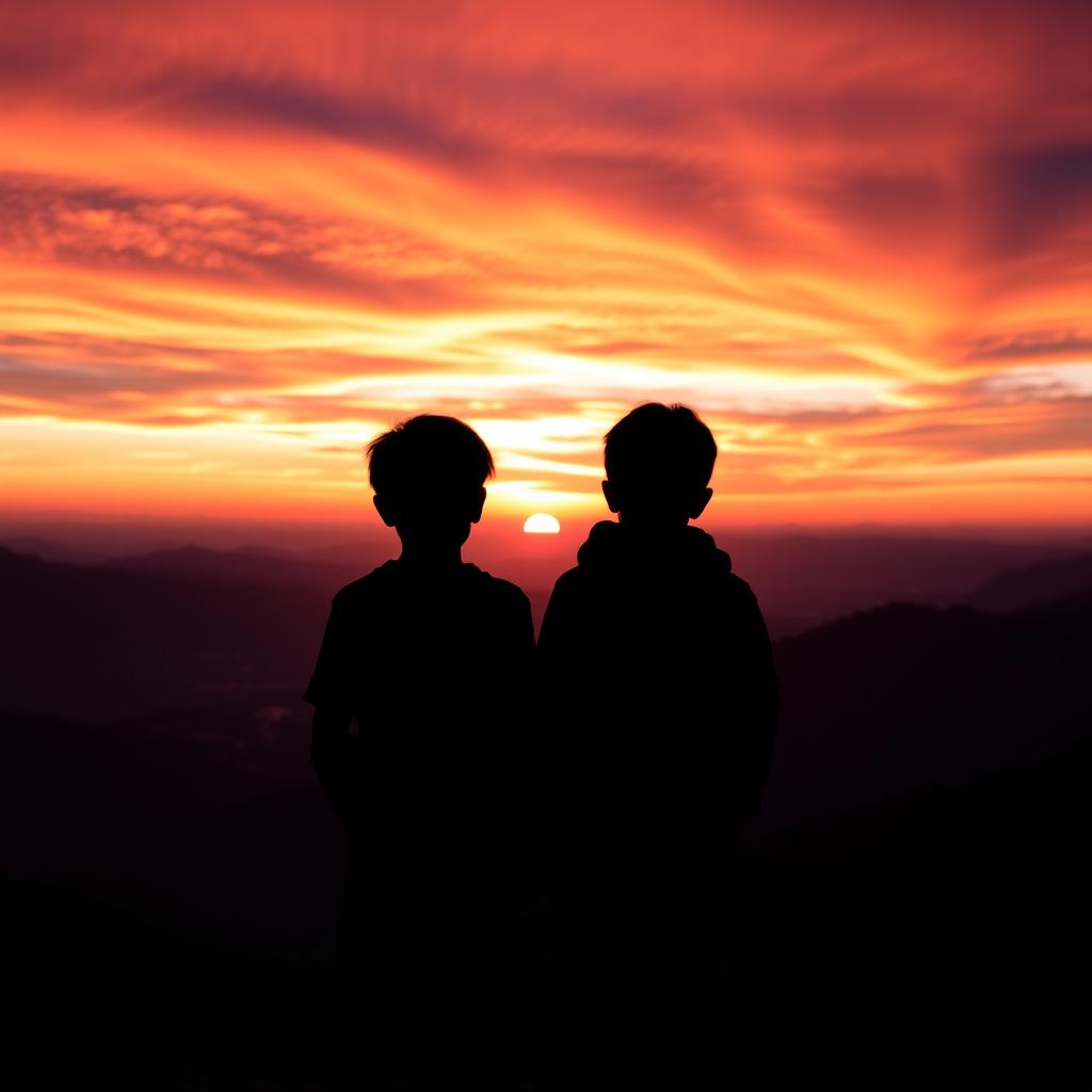 Two silhouette boys standing atop a mountain at sunset, their dark outlines contrasting against a vibrant sky filled with hues of orange, pink, and purple