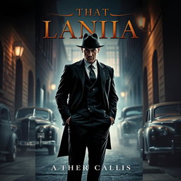 An intense and captivating book cover design featuring a powerful mafia figure, a stylishly dressed man in a tailored black suit with a fedora, standing in a dimly lit alley
